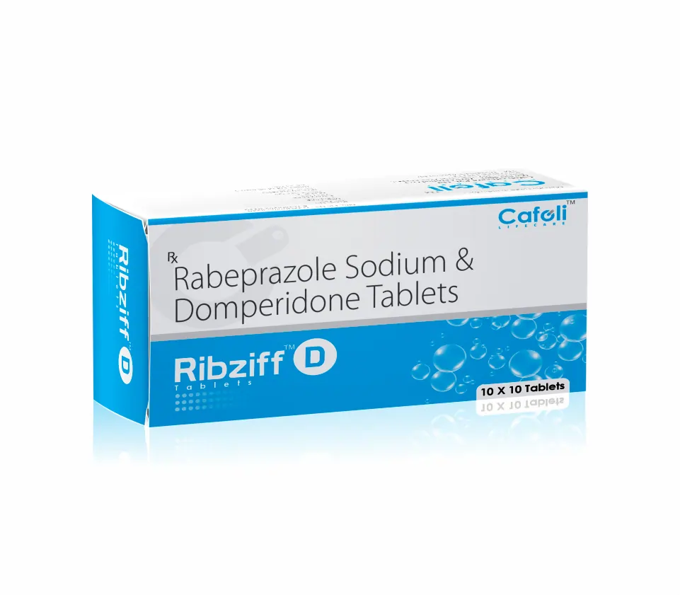 Domperidone (10mg) + Rabeprazole (20mg) Ribziff D Tablet at best price in PCD Pharma Franchise for nausea relief and acid reduction.